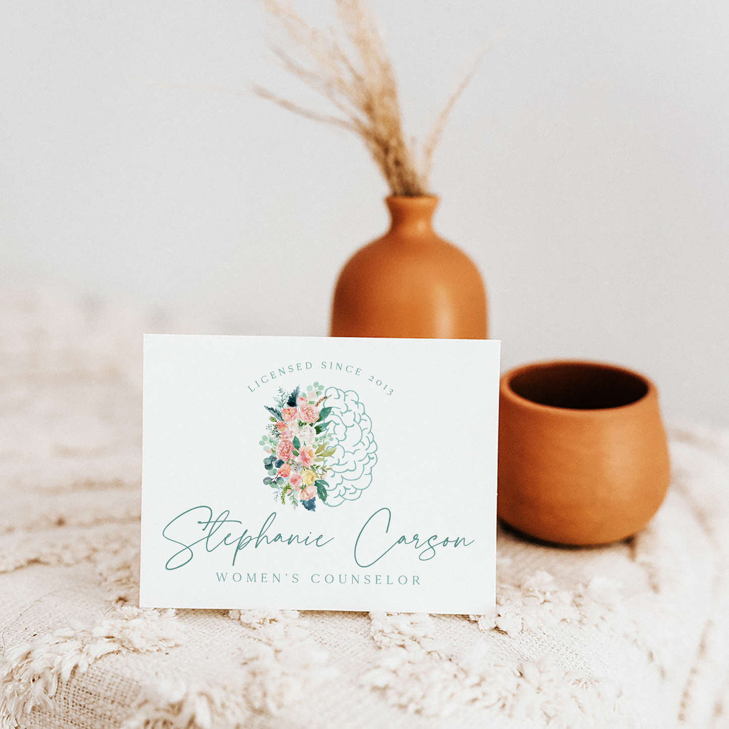 Stephanie Carson | Premade Logo Design | Brain, Therapist, Mental Health, Floral, Line Art