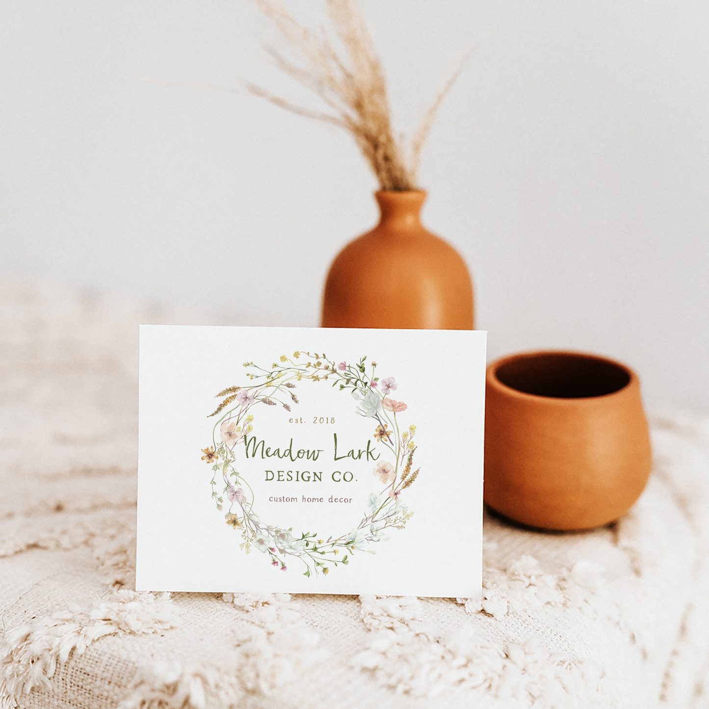 Meadow Lark Design Co. | Premade Logo Design | Wildflower Wreath, Pastel, Farmhouse