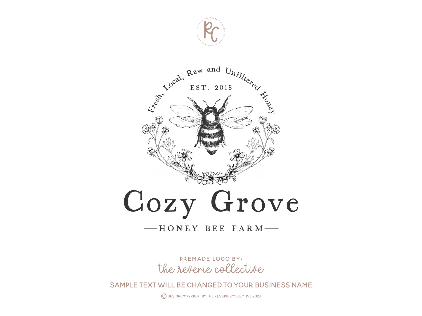 Cozy Grove | Premade Logo Design | Bee, Fine Art, Honey, Floral, Rustic, Nature, Farmhouse