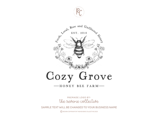 Cozy Grove | Premade Logo Design | Bee, Fine Art, Honey, Floral, Rustic, Nature, Farmhouse