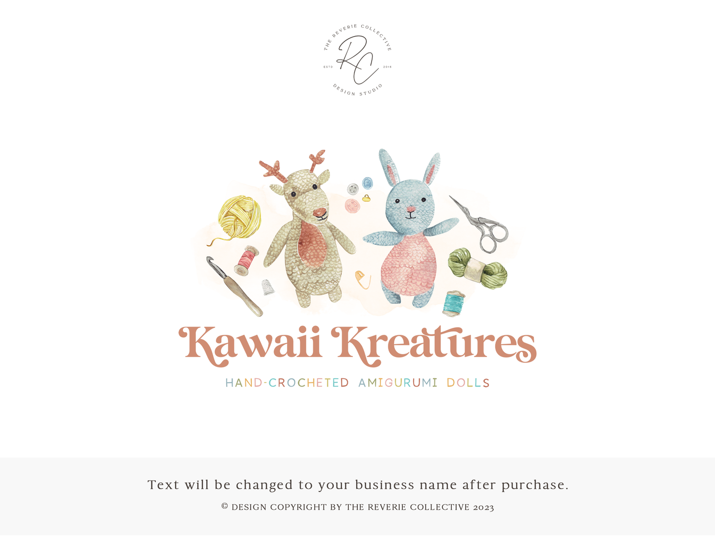 Kawaii Kreations | Premade Logo Design | Amigurumi Doll, Crochet, Yarn, Bunny, Deer, Whimsical