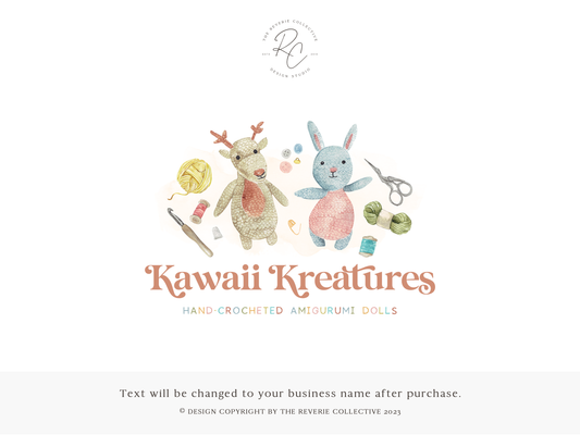 Kawaii Kreations | Premade Logo Design | Amigurumi Doll, Crochet, Yarn, Bunny, Deer, Whimsical