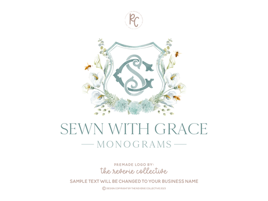 Sewn With Grace | Premade Logo Design | Floral Frame, Watercolor Crest, Monogram, Embroidery