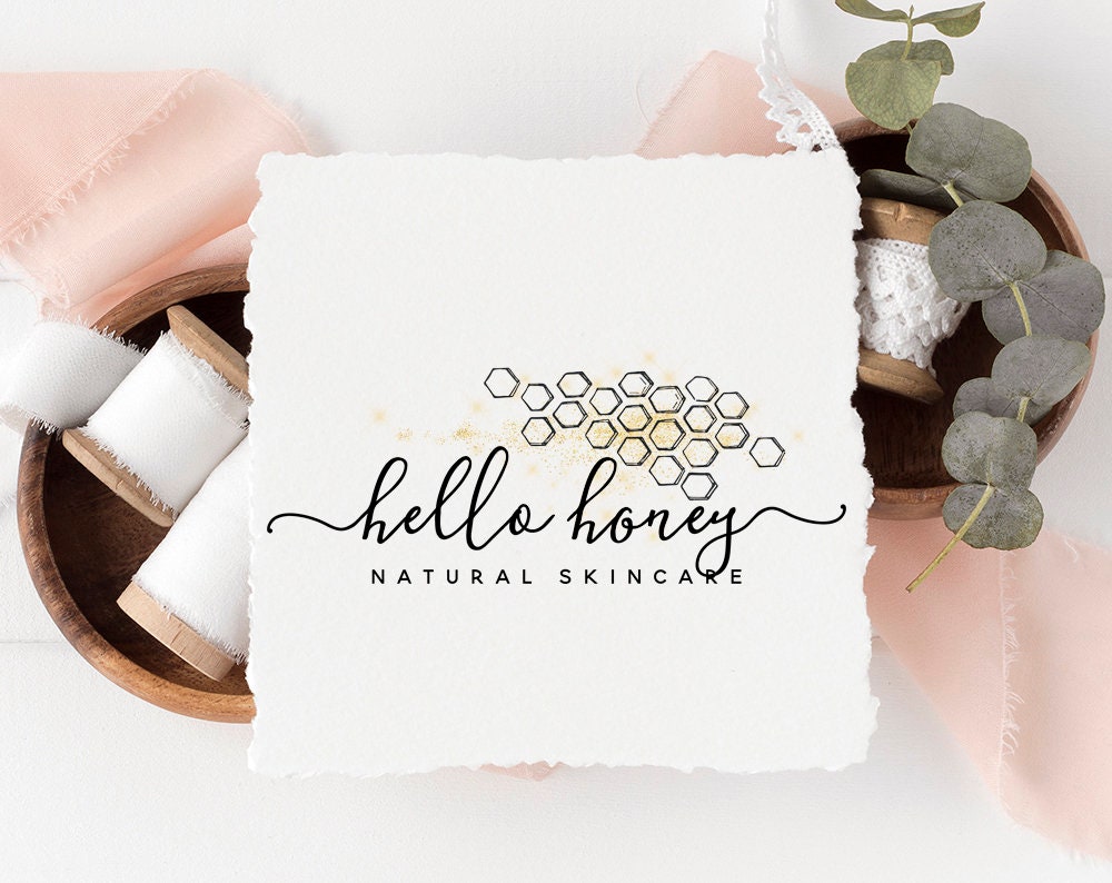 Hello Honey | Premade Logo Design | Honeycomb, Gold Glitter, Farmhouse, Beauty
