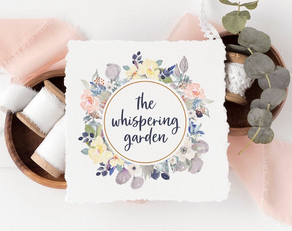 The Whispering Garden | Premade Logo Design | Wreath, Floral, Shabby Chic, Pastel