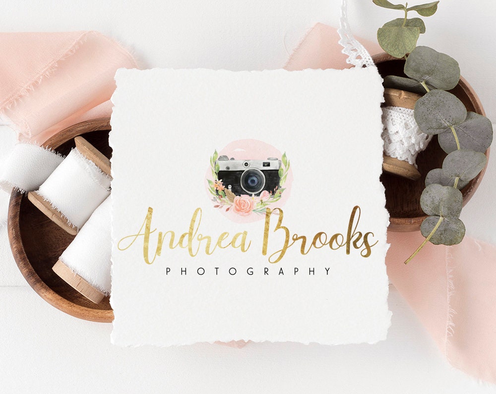Andrea Brooks | Premade Logo Design | Camera, Gold Foil, Watercolor Floral