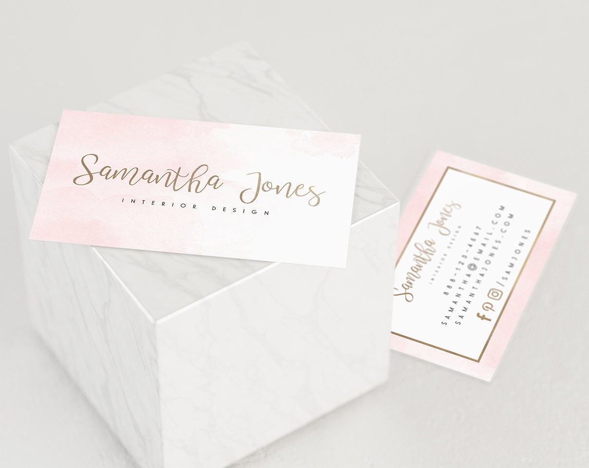 Samantha Jones | Premade Business Card Design | Pink Watercolor, Rose Gold
