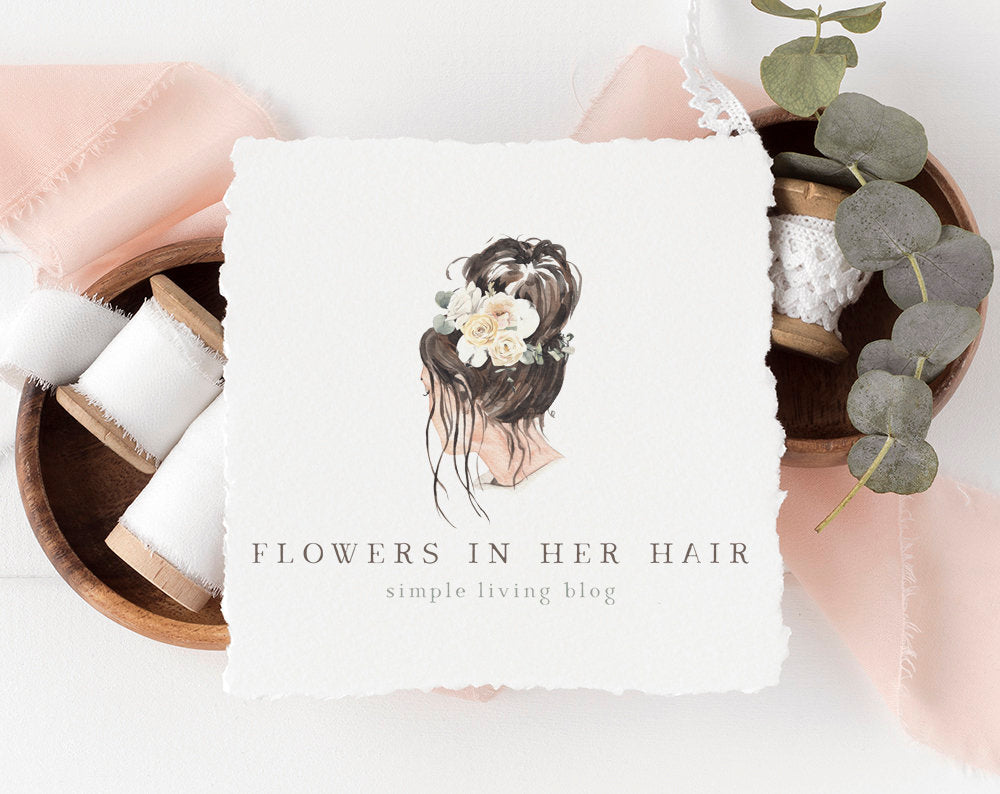 Flowers In Her Hair | Premade Logo Design | Floral, Messy Bun, Woman, Farmhouse, Rustic