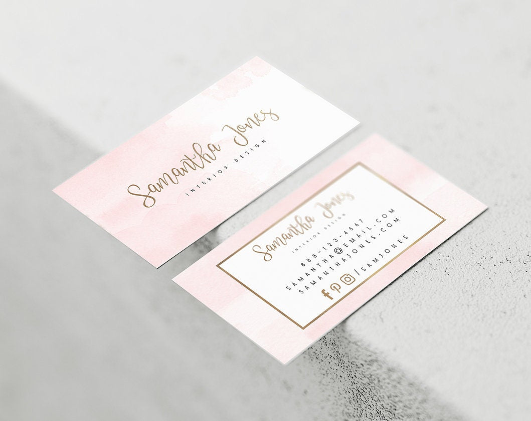 Samantha Jones | Premade Business Card Design | Pink Watercolor, Rose Gold