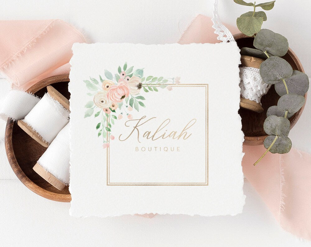 Kaliah Boutique | Premade Logo Design | Watercolor Floral, Gold Foil, Feminine, Pastel