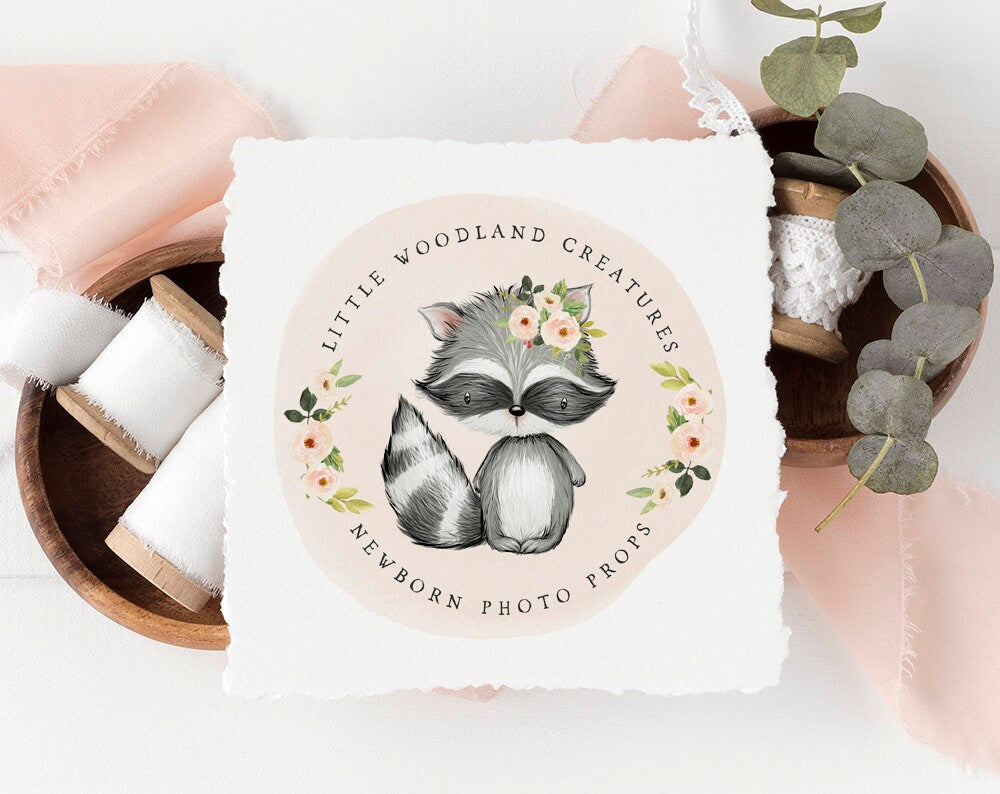 Little Woodland Creatures | Premade Logo Design | Raccoon, Newborn, Floral, Watercolor