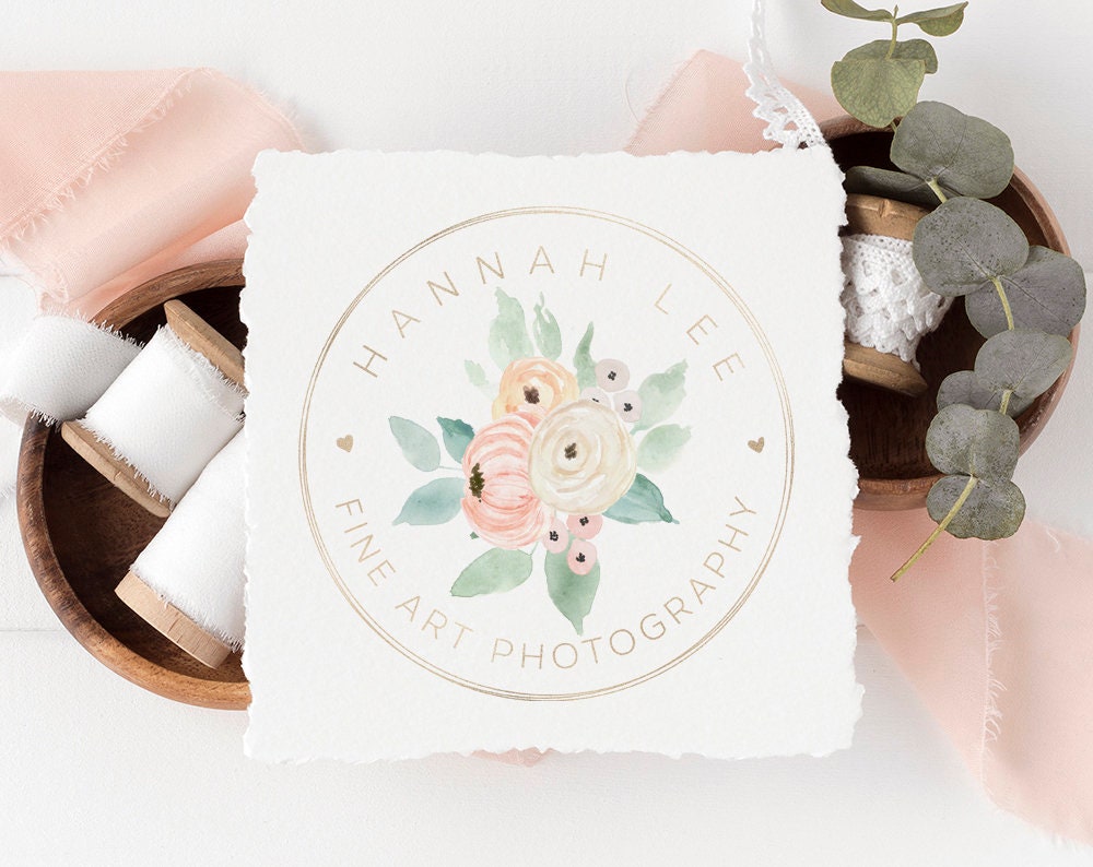 Hannah Lee | Premade Logo Design | Watercolor Floral, Gold Foil, Round, Pastel