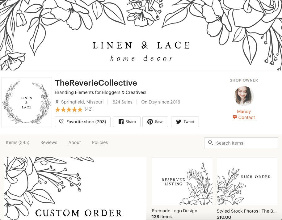 Linen & Lace | Etsy Shop Branding Kit | Farmhouse, Rustic, Line Art, Minimal
