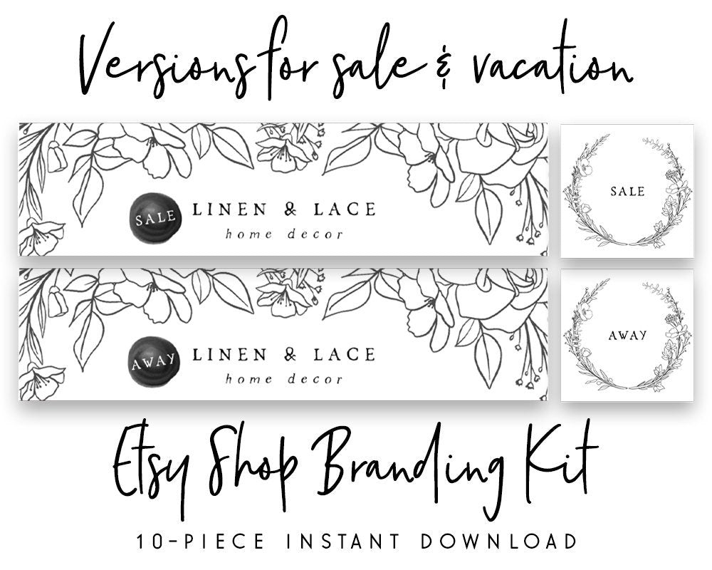Linen & Lace | Etsy Shop Branding Kit | Farmhouse, Rustic, Line Art, Minimal
