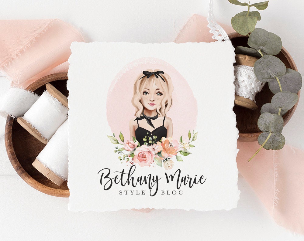 Bethany Marie | Premade Logo Design | Blonde Girl, Woman, Floral, Black Bow, Beauty