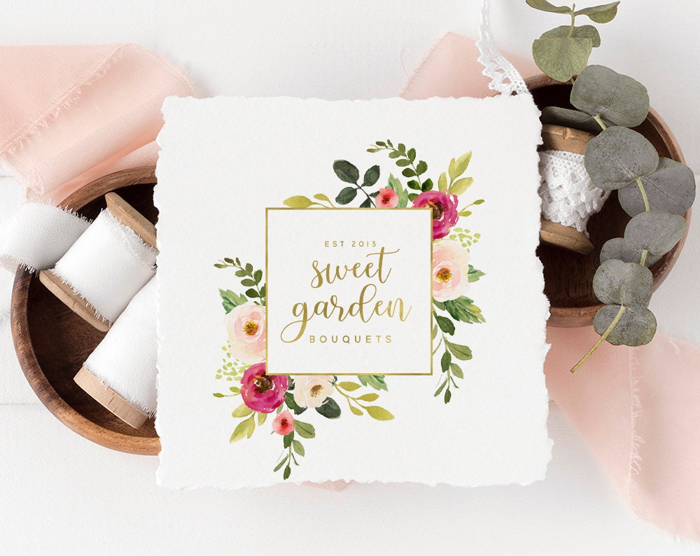 Sweet Garden | Premade Logo Design | Watercolor Rose, Floral, Frame, Gold Foil