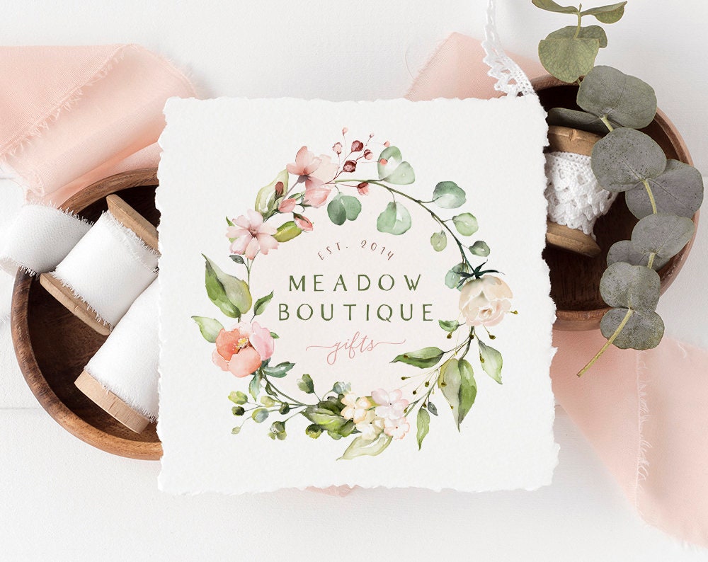 Meadow Boutique | Premade Logo Design | Watercolor Floral, Wreath, Farmhouse