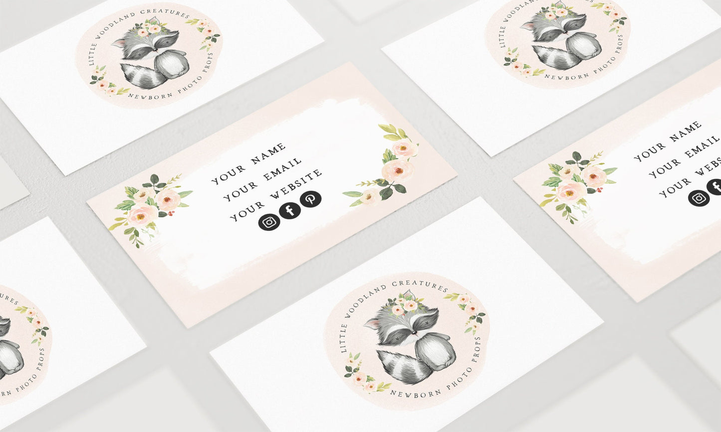 Little Woodland Creatures | Premade Business Card Design | Raccoon, Newborn, Floral