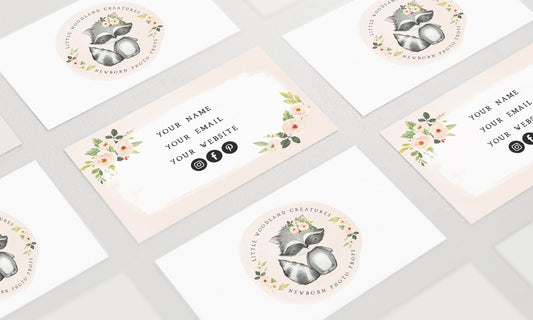 Little Woodland Creatures | Premade Business Card Design | Raccoon, Newborn, Floral