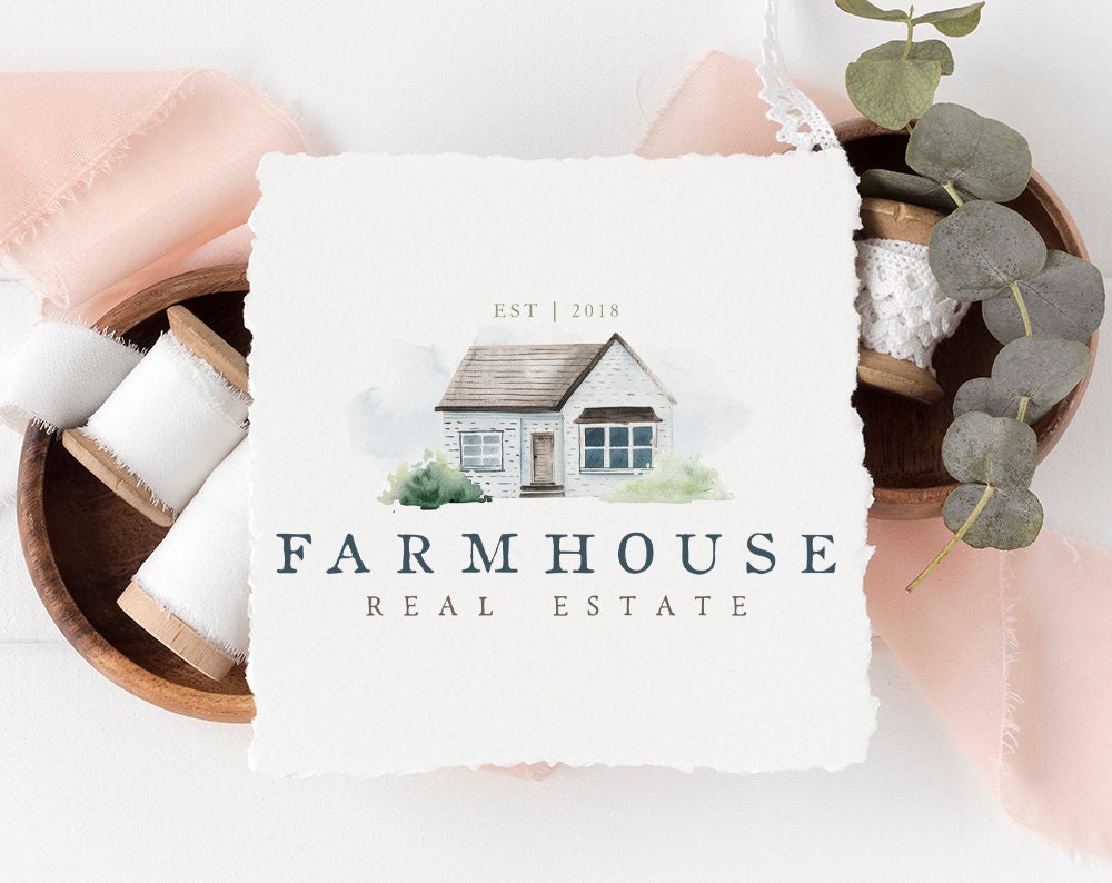 Farmhouse | Premade Logo Design | Blue House, Home, Real Estate, Realtor