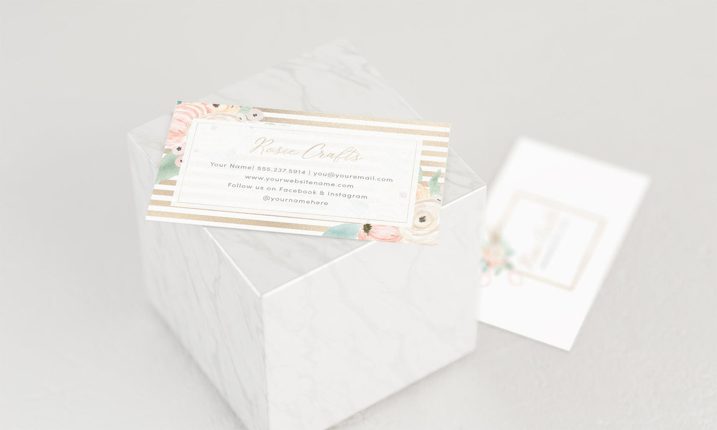 Rosie Krafts | Premade Business Card Design | Pastel, Gold Frame, Scissors, Floral