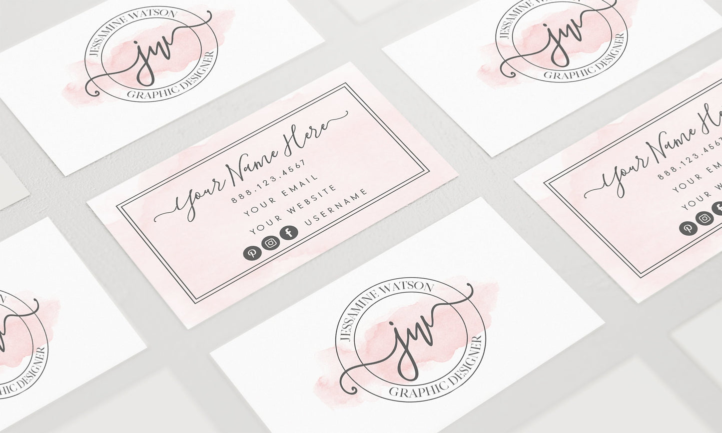 Jessamine Watson | Premade Business Card Design | Pink Watercolor, Monogram