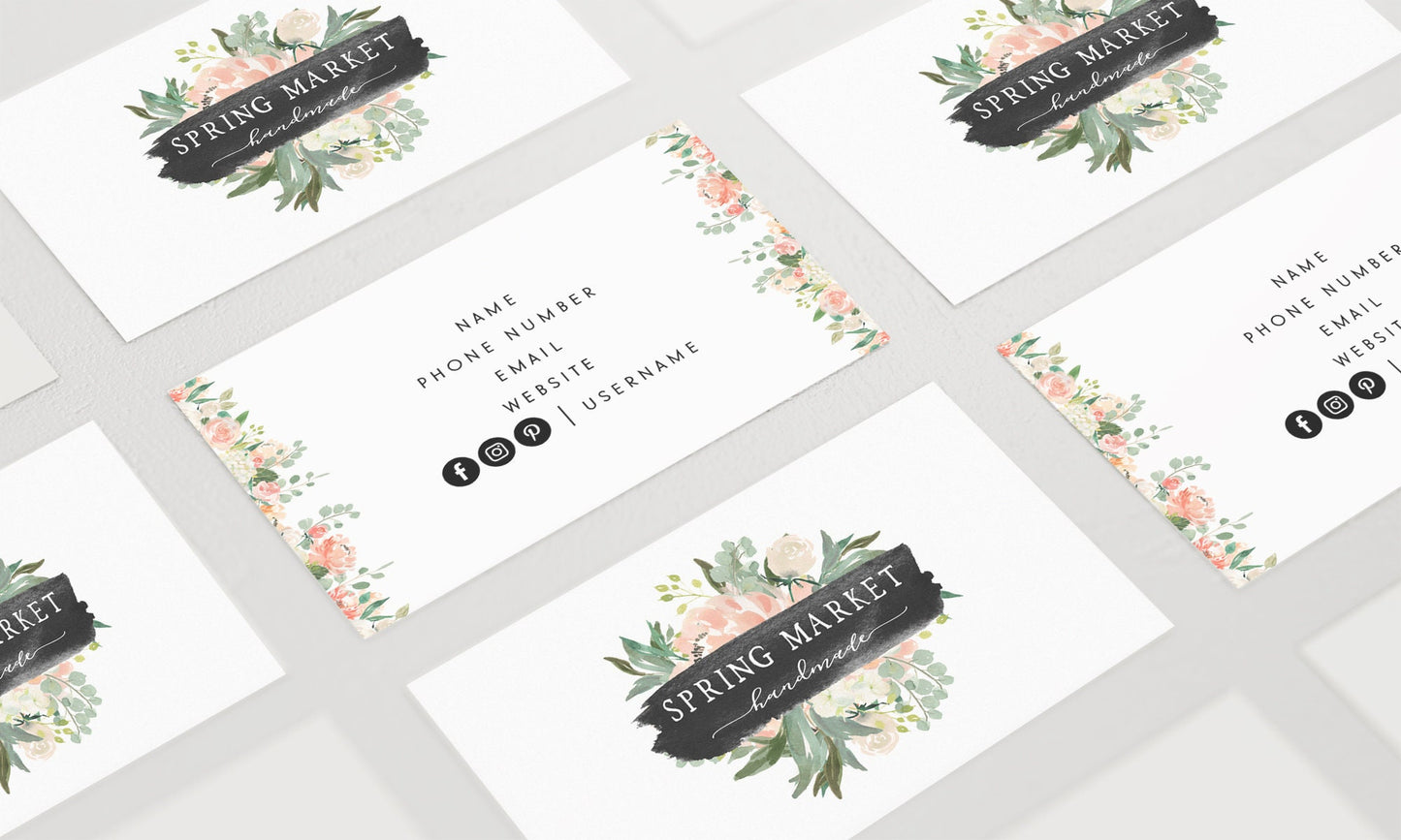 Spring Market | Premade Business Card Design | Floral Wreath, Ribbon Banner, Farmhouse