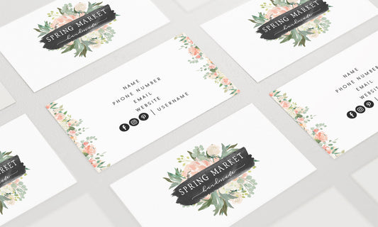 Spring Market | Premade Business Card Design | Floral Wreath, Ribbon Banner, Farmhouse