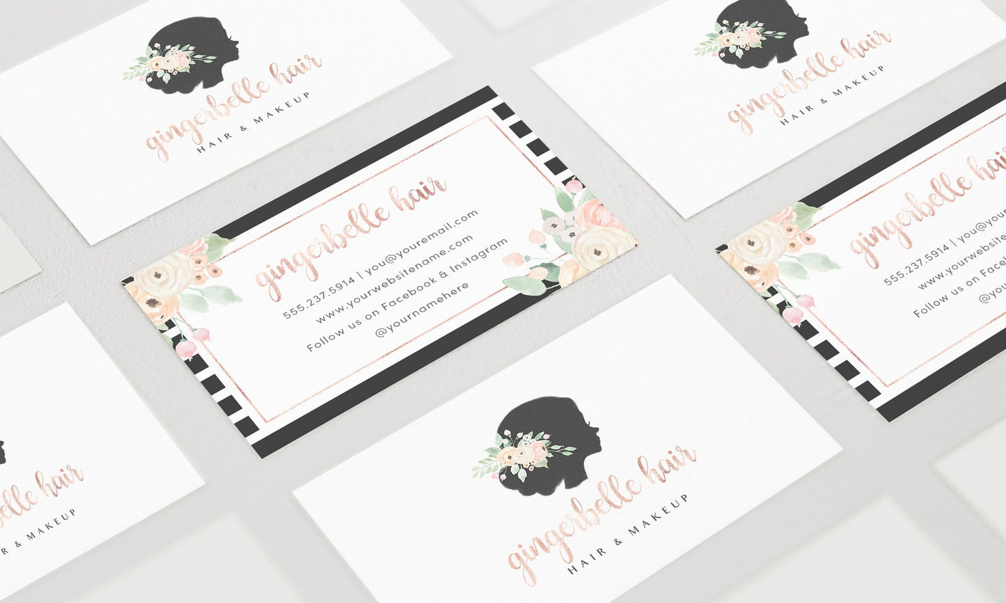 Gingerbelle Hair | Premade Business Card Design | Girl Silhouette, Floral, Pastel