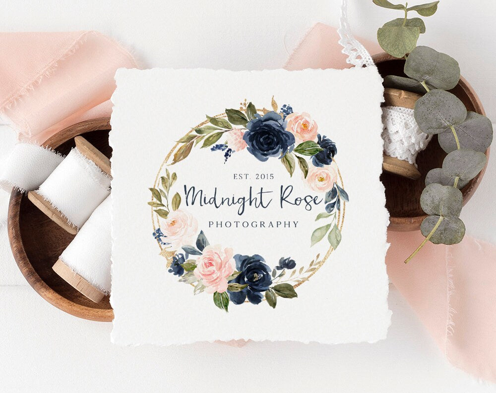 Midnight Rose | Premade Logo Design | Watercolor Floral, Botanical, Wreath, Gold Foil