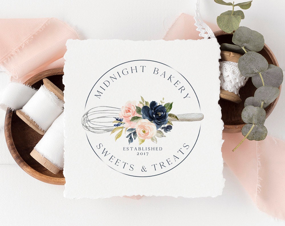 Midnight Bakery | Premade Logo Design | Whisk, Roses, Baking, Kitchen, Farmhouse