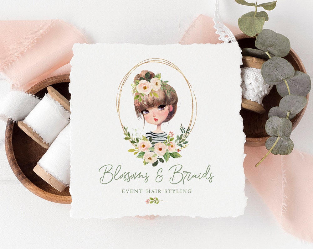 Blossoms & Braids | Premade Logo Design | Girl, Hairstylist, Beauty, Makeup Artist, Hair Salon