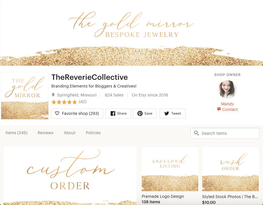 The Gold Mirror | Etsy Shop Branding Kit | Glitter, Glam, Fashion, Beauty