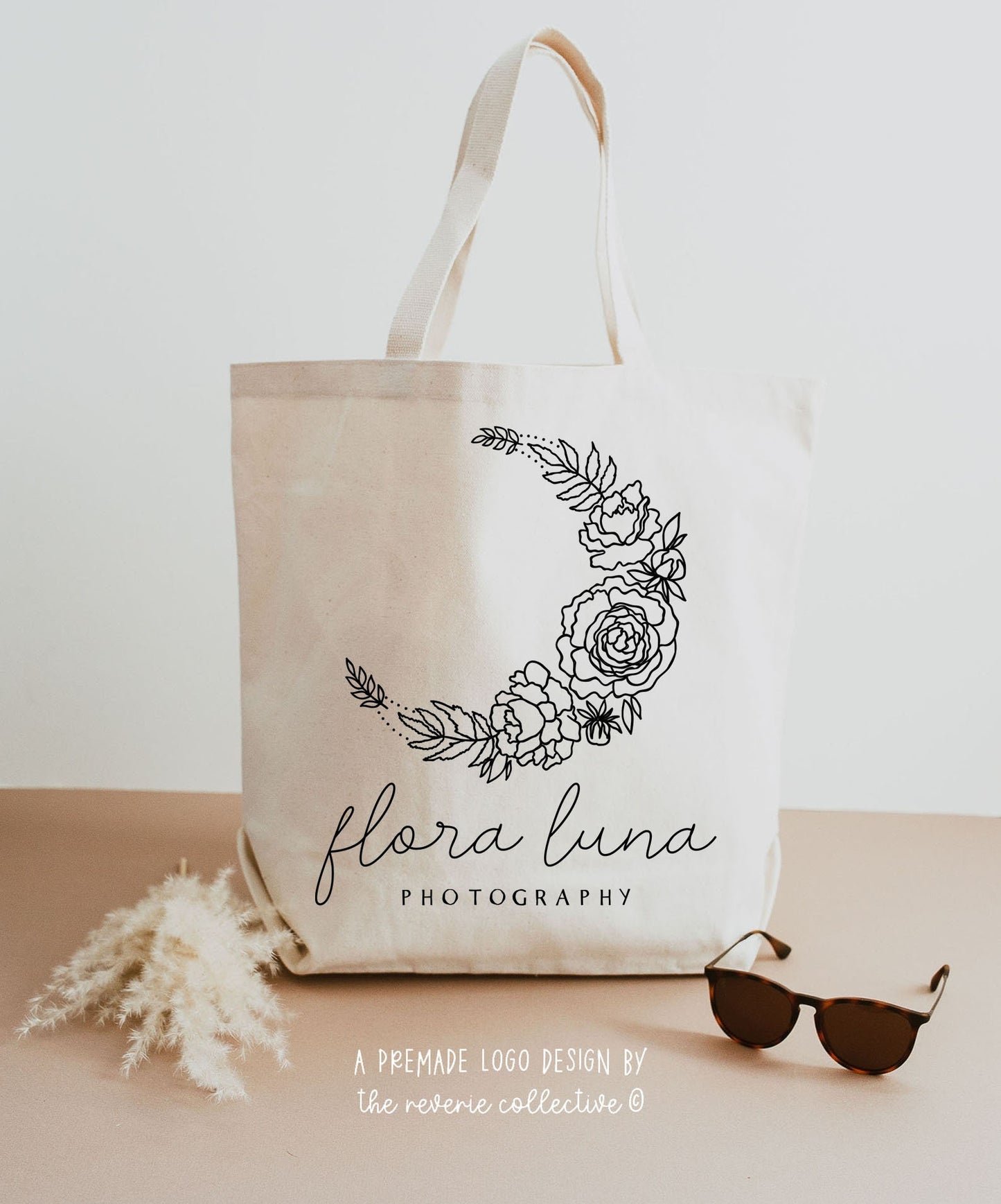 Flora Luna | Premade Logo Design | Boho, Crescent Moon, Floral, Line Art