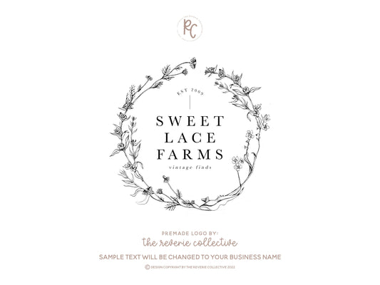 Sweet Lace Farms | Premade Logo Design | Botanical, Rustic, Romantic, Wreath