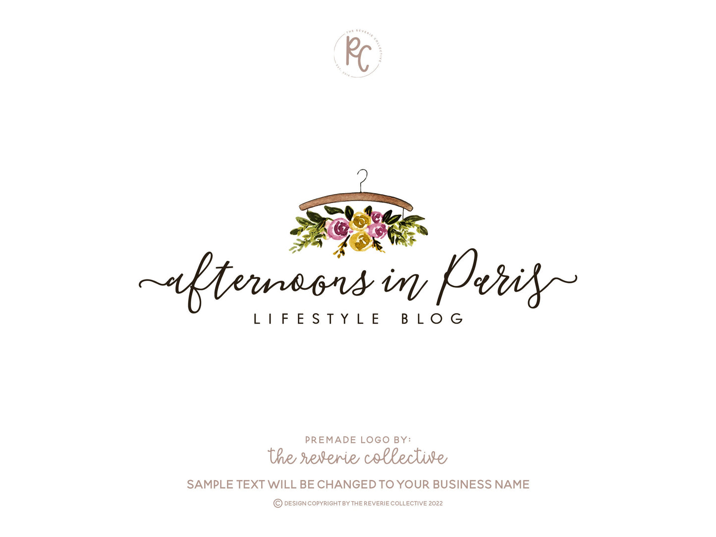 Afternoons In Paris | Premade Logo Design | Clothes Hanger, Floral, Watercolor