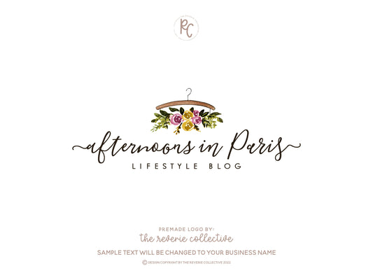Afternoons In Paris | Premade Logo Design | Clothes Hanger, Floral, Watercolor
