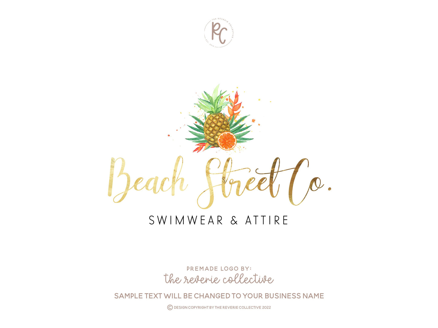 Beach Street Co. | Premade Logo Design | Tropical, Gold Foil, Cursive, Pineapple