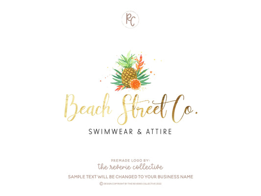 Beach Street Co. | Premade Logo Design | Tropical, Gold Foil, Cursive, Pineapple