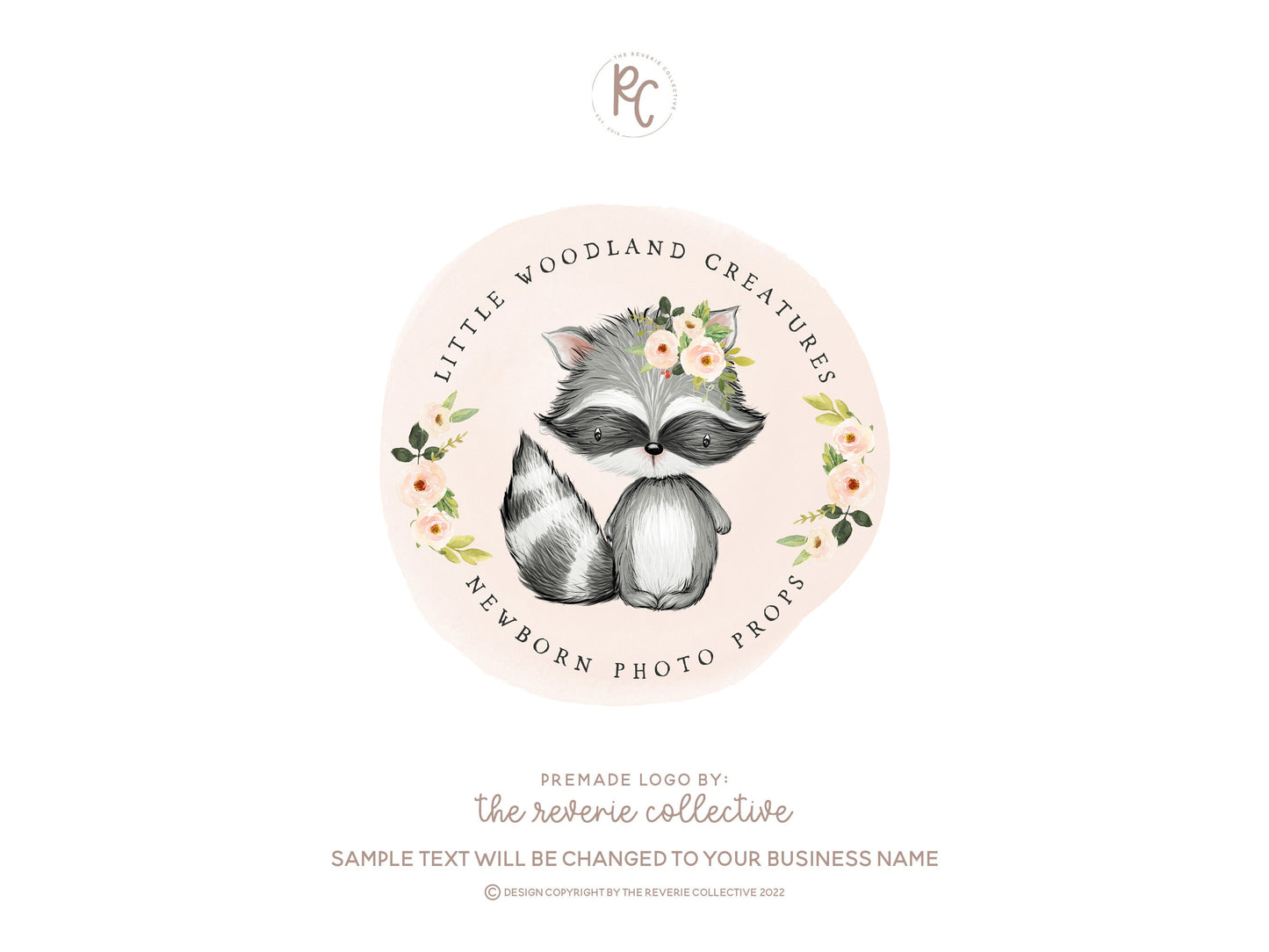 Little Woodland Creatures | Premade Logo Design | Raccoon, Newborn, Floral, Watercolor