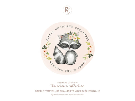 Little Woodland Creatures | Premade Logo Design | Raccoon, Newborn, Floral, Watercolor