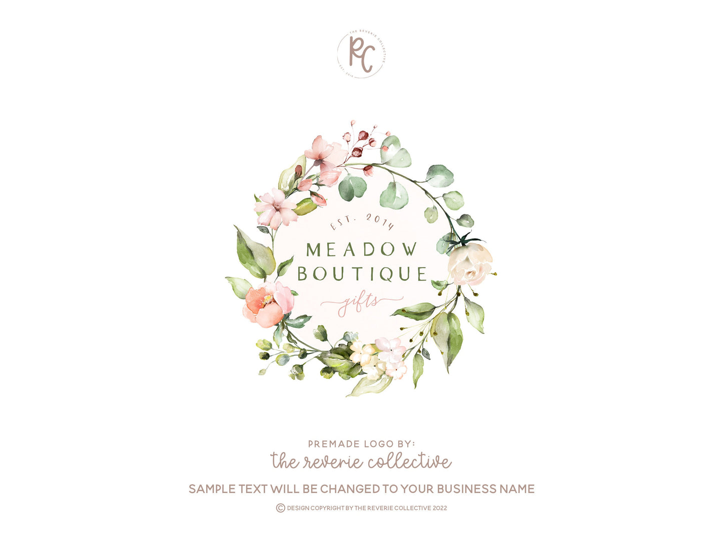 Meadow Boutique | Premade Logo Design | Watercolor Floral, Wreath, Farmhouse