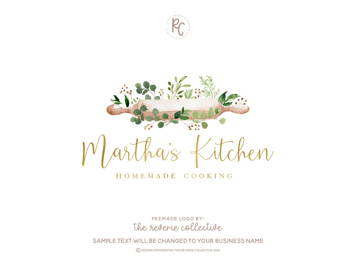 Martha's Kitchen | Premade Logo Design | Rolling Pin, Baking, Bakery, Greenery