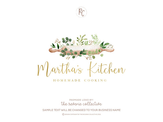 Martha's Kitchen | Premade Logo Design | Rolling Pin, Baking, Bakery, Greenery