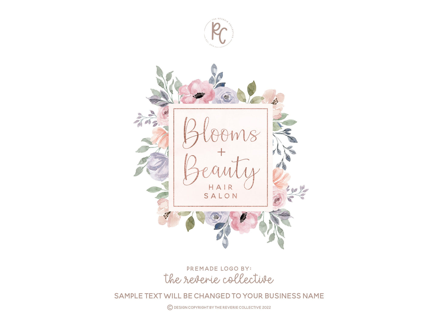 Blooms + Beauty | Premade Logo Design | Romantic, Pastel, Floral, Wreath Frame
