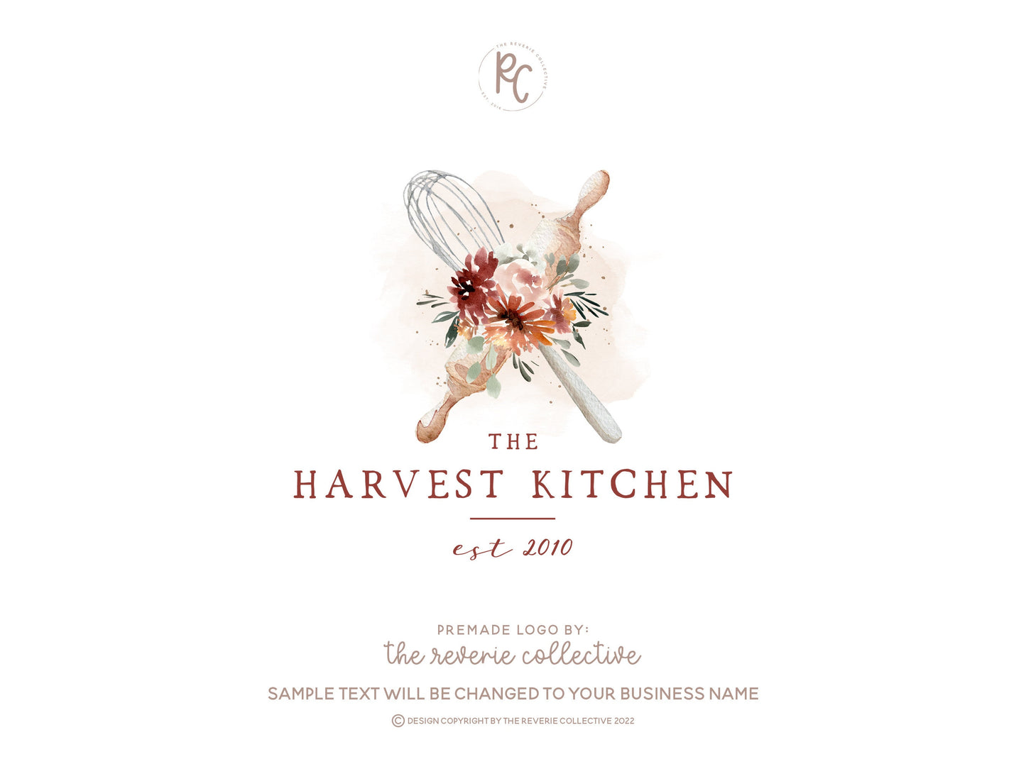 The Harvest Kitchen | Premade Logo Design | Whisk, Rolling Pin, Floral, Autumn, Farmhouse