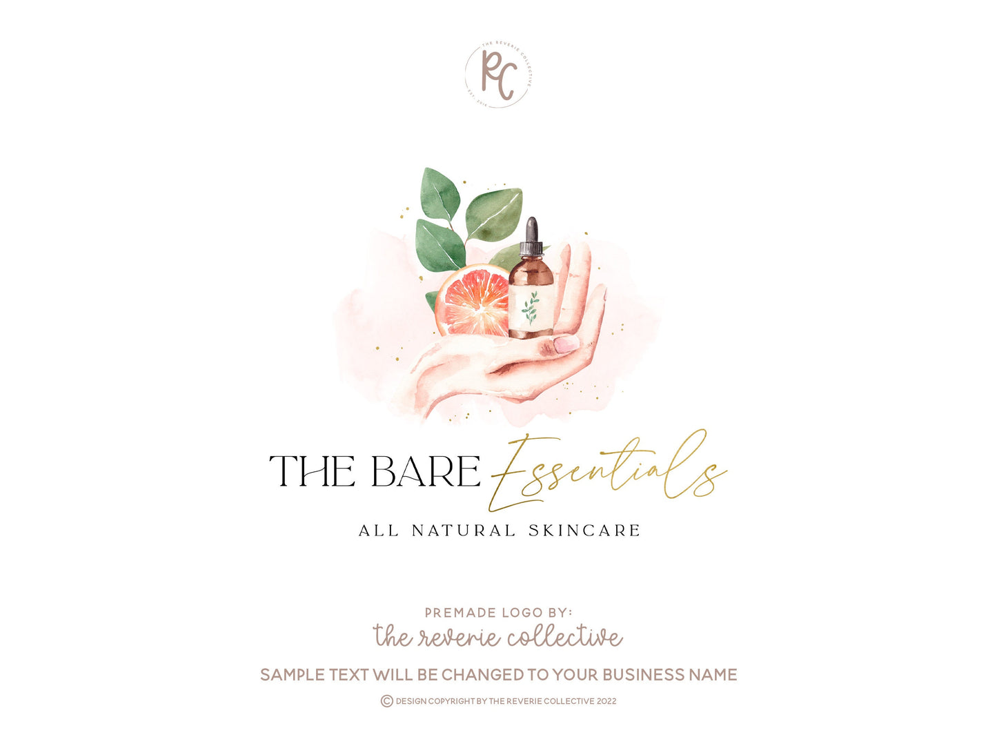 The Bare Essentials | Premade Logo Design | Hand, Orange, Eucalyptus, Skincare, Essential Oil