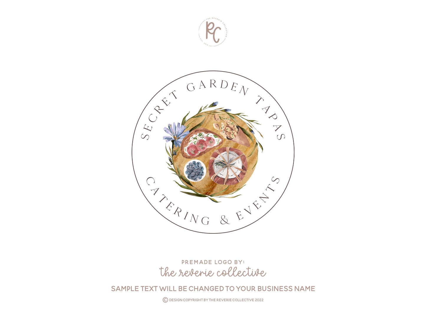 Secret Garden Tapas | Premade Logo Design | Charcuterie, Brie Cheese, Food