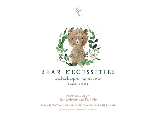 Bear Necessities | Premade Logo Design | Teddy Bear, Children's, Woodland, Forest