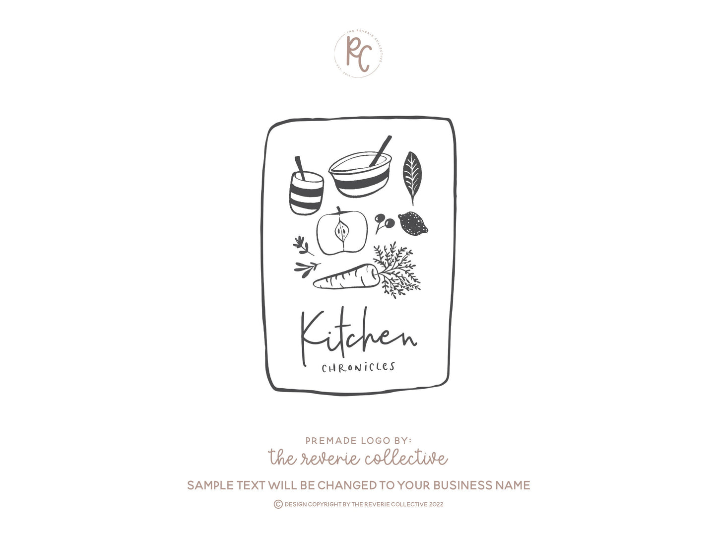 Kitchen Chronicles | Premade Logo Design | Bowl, Cup, Vegetable, Fruit, Hand Drawn